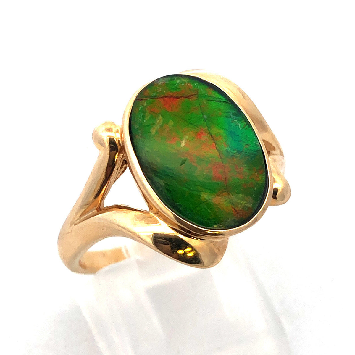Modernist 14K Yellow Gold Orange Green Opal Oval Doublet Cocktail Ring