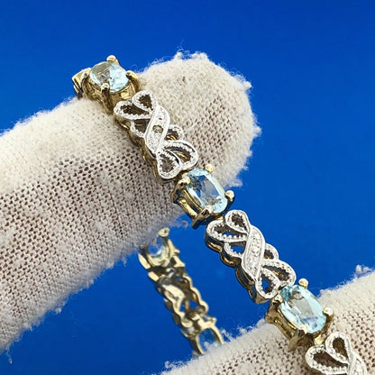 Gold Vermeil Sterling Silver 925 Blue Topaz Diamond 7.5" Tennis Bracelet