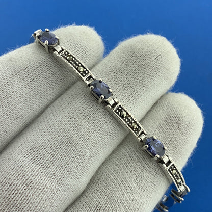 925 Sterling Silver Oval Tanzanite Marcasite Accented Tennis Bracelet