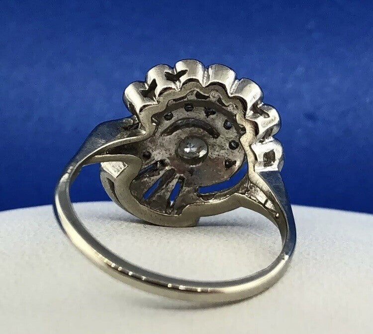 Art Deco 14K White Gold Diamond Solitaire Accents Free Form Engagement Ring