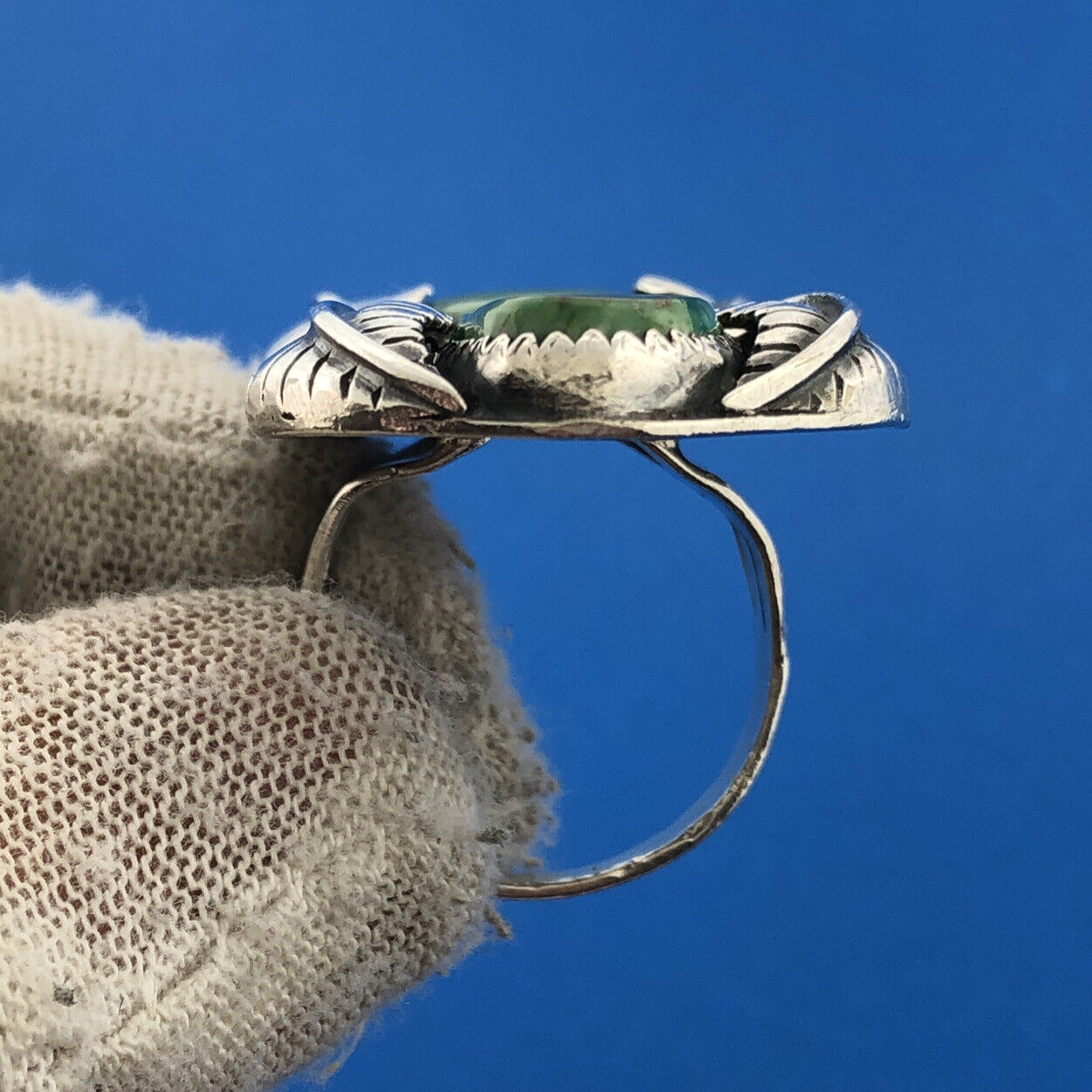 Native American R Smith 925 Sterling Silver Green Turquoise Squash Blossom Ring