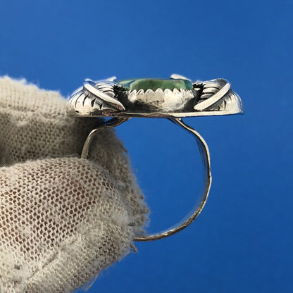 Native American R Smith 925 Sterling Silver Green Turquoise Squash Blossom Ring