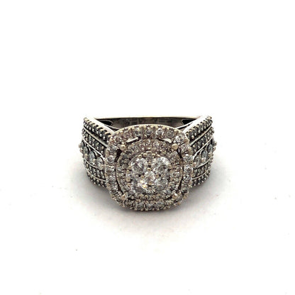 Designer IKS 10K White Gold Round Diamond Cluster Halo Statement Engagement Ring