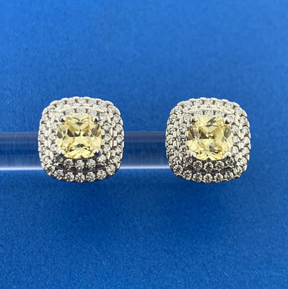 Stunning Sterling Silver 925 Cushion Cut Lemon Quartz CZ Accent Stud Earrings