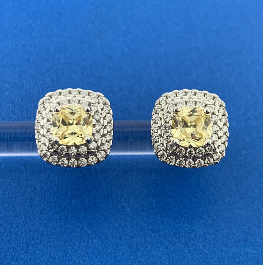 Stunning Sterling Silver 925 Cushion Cut Lemon Quartz CZ Accent Stud Earrings