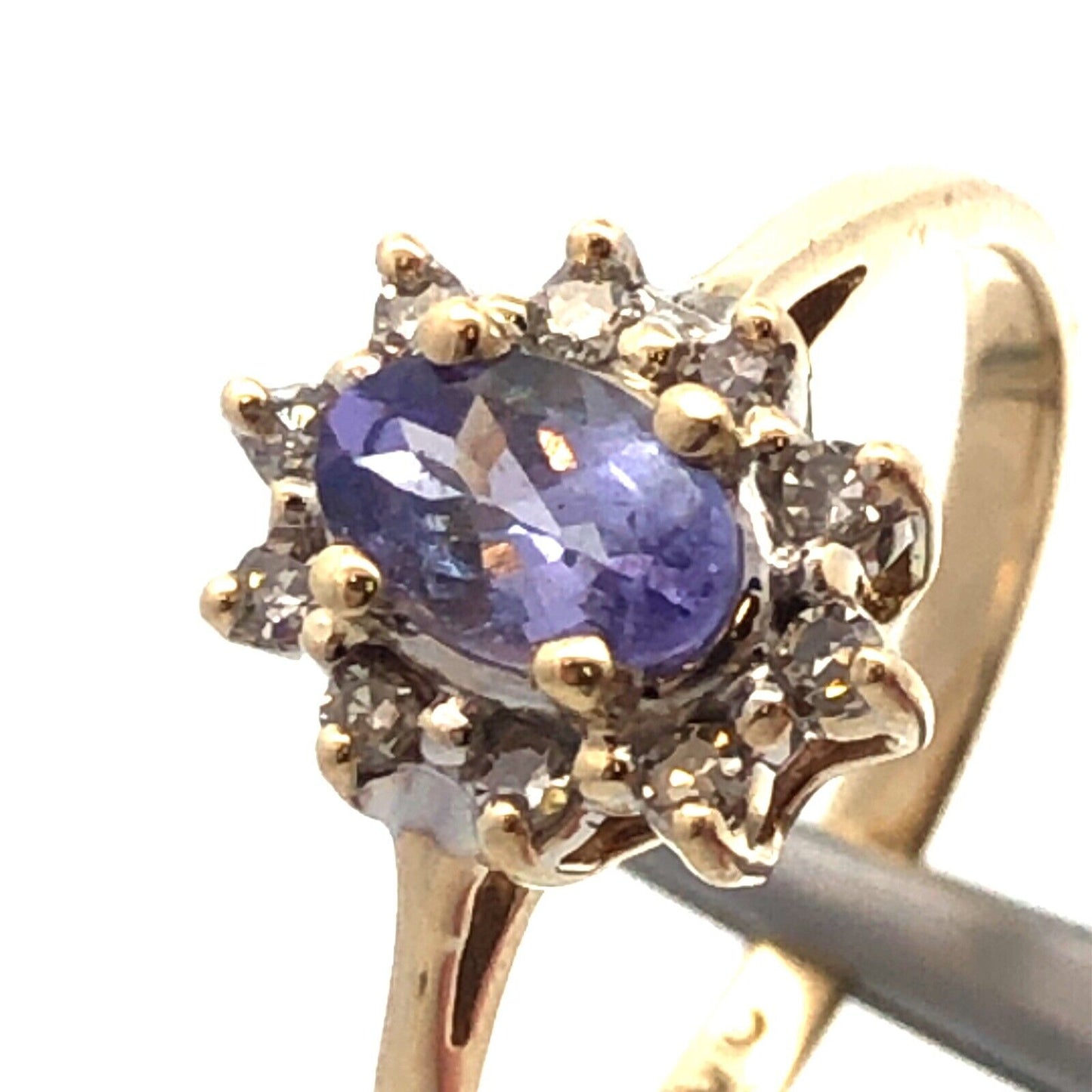 Designer AV 10K Yellow Gold Oval Tanzanite Diamond Halo Cocktail Ring