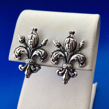 Antique 800 Fine Silver Detailed Artisan Fleur De Lis Clip On Stud Earrings