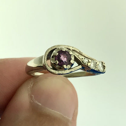 Modernist 14k White Gold Round Cut Pink Ruby Diamond Accent Ring Size 4.75