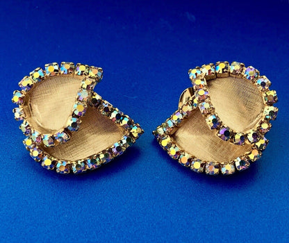 Fantastic Mid Century Gold Tone Florentine Aurora Borealis Rhinestone Earrings