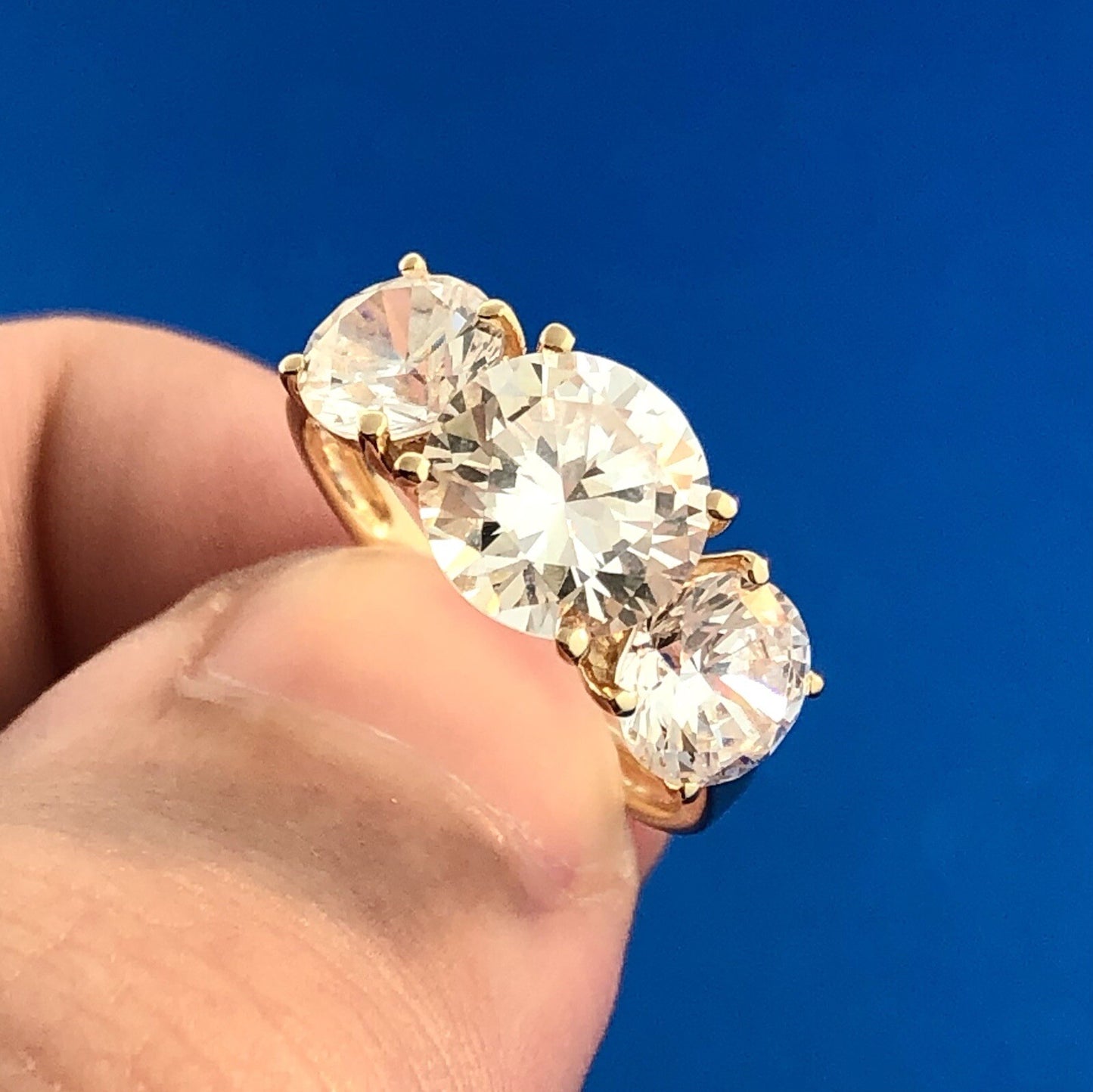 Stunning 14K Yellow Gold Cubic Zirconia CZ Round Trio Statement Engagement Ring