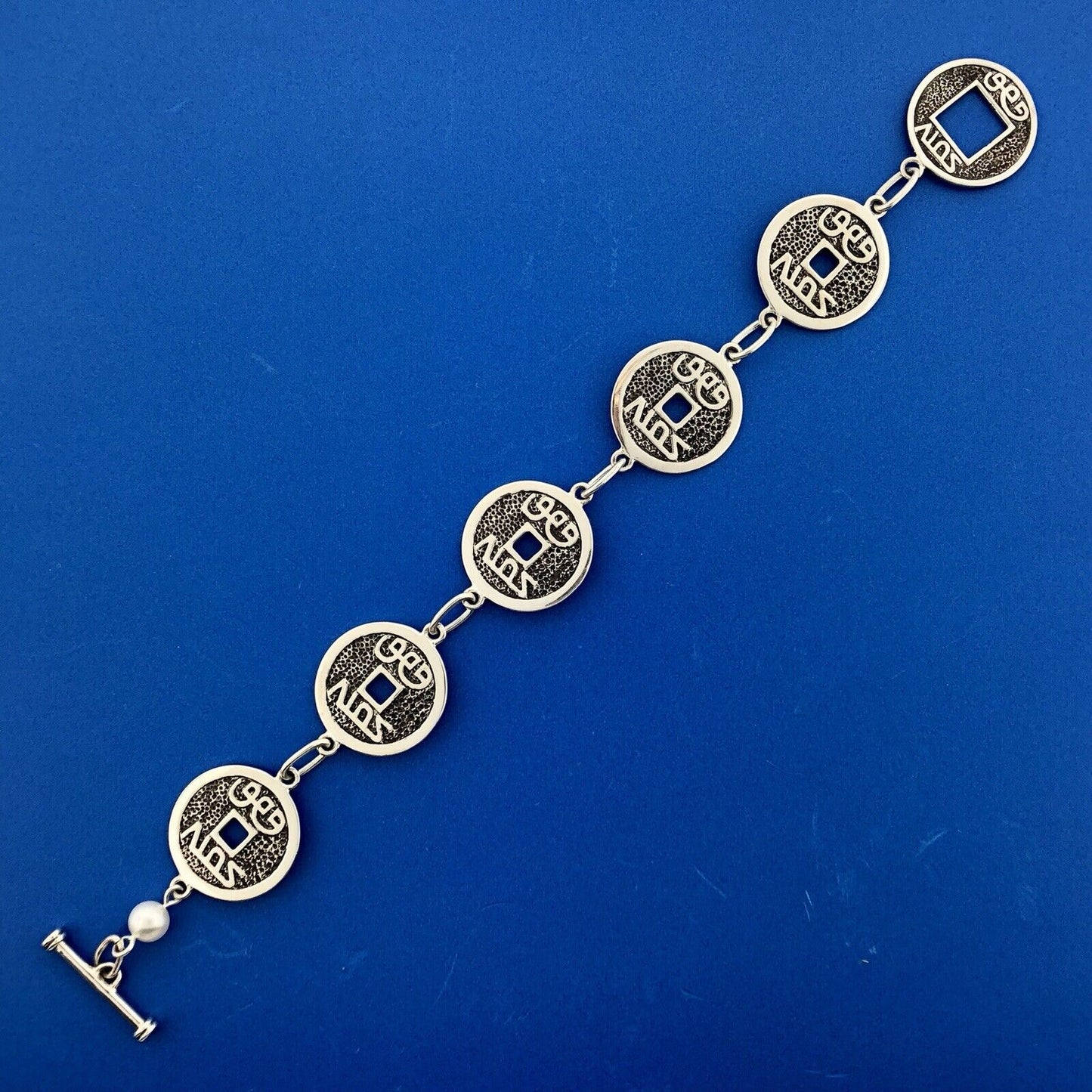 Designer Sterling Silver 925 Chinese Character Disc Panel Link Toggle Bracelet