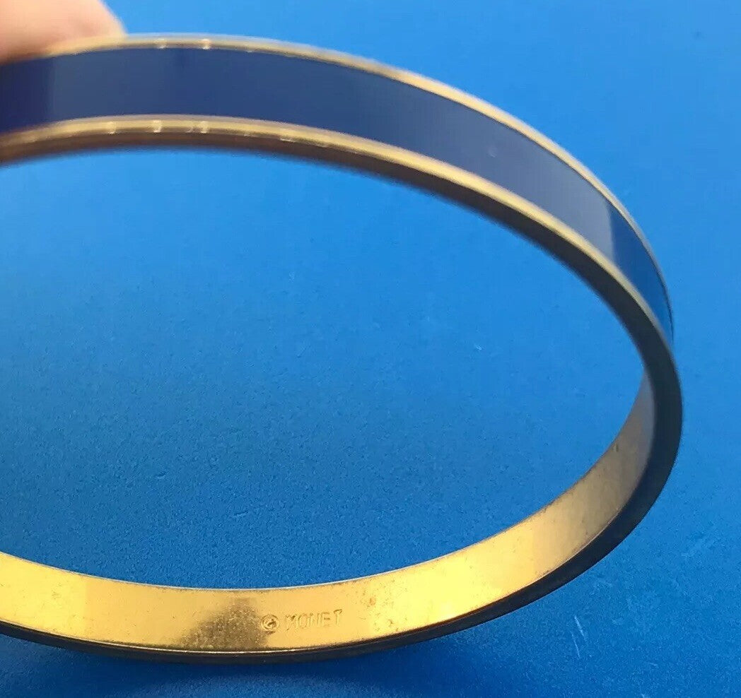 Vintage Monet Gold Tone Blue Enamel Slim Cuff Bangle Bracelet