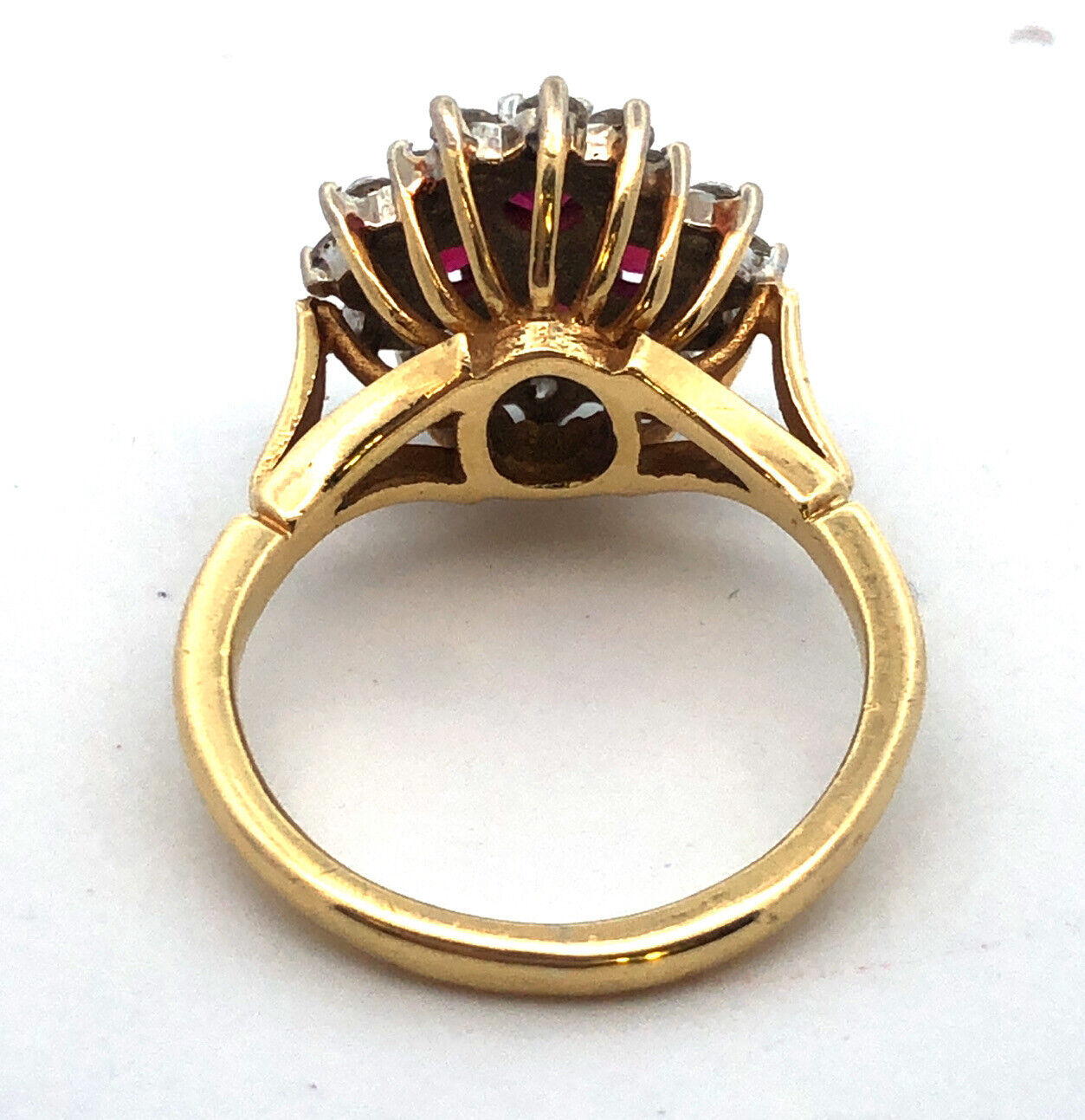 Estate Designer 18K Yellow Gold Ruby Diamond Flower Cluster Cocktail Ring