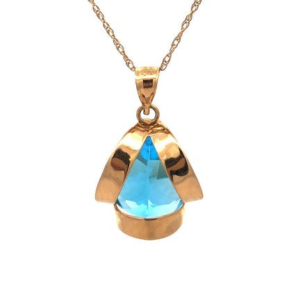 Designer 14K Yellow Gold Pear Blue Topaz Solitaire Statement Pendant Necklace