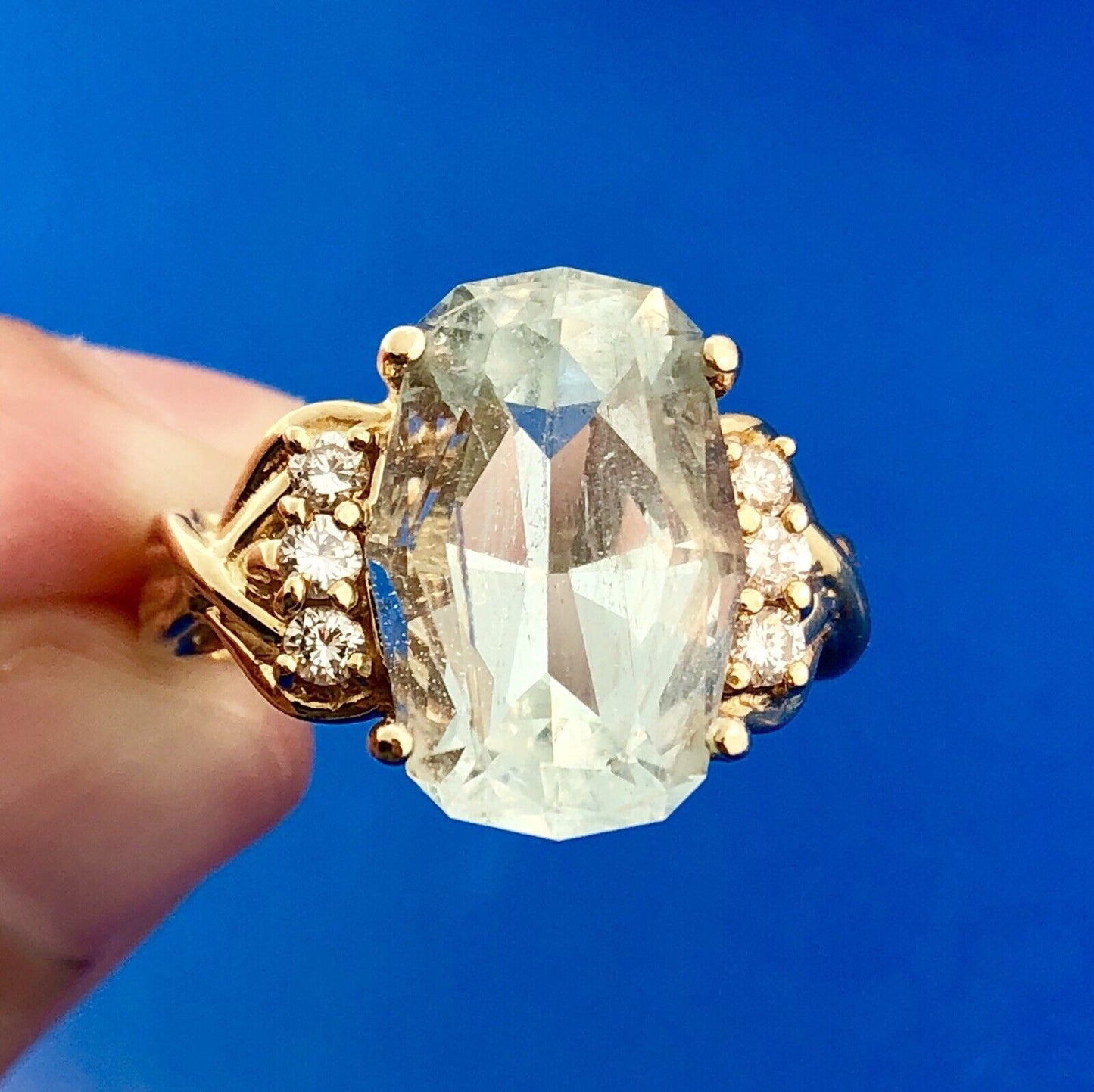 Designer 14K Yellow Gold Blue Topaz Diamond Statement Cocktail Ring Size 8.25