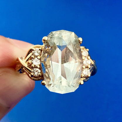 Designer 14K Yellow Gold Blue Topaz Diamond Statement Cocktail Ring Size 8.25