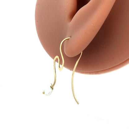 Estate 14K Yellow Gold Pearl Swirl Dangle Drop Modernist Hook Earrings