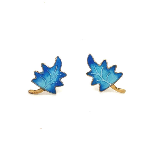 Vintage 925 Sterling Silver Vermeil Blue Enamel Leaf Nature Stud Earrings