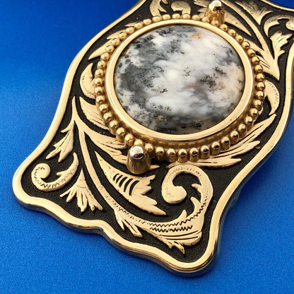 Dramatic Brass Black White Jasper Stone Scroll Intaglio Rectangle Belt Buckle