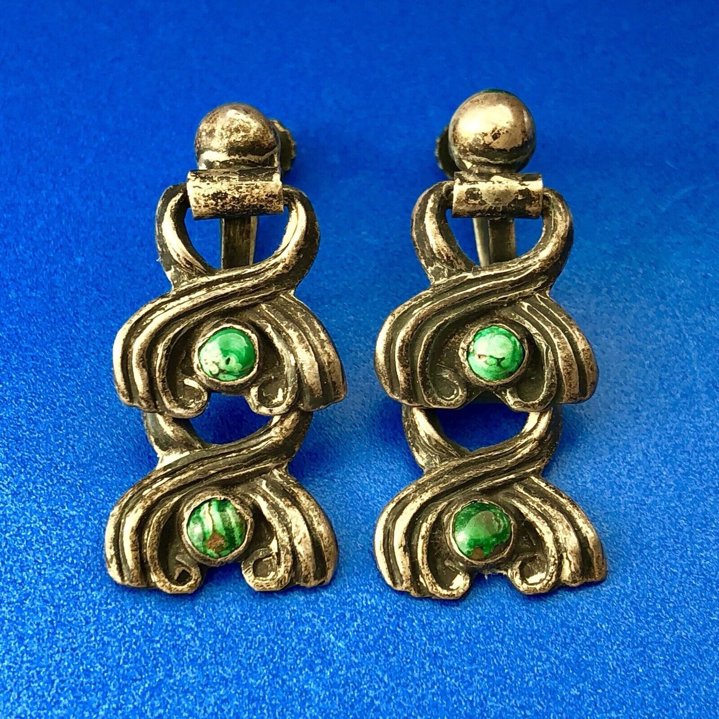 Mid Century Taxco Silver 925 Malachite Double Drop Screw Back Earrings-Patina!
