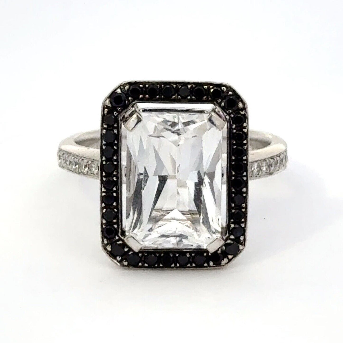 Designer 18K White Gold Emerald Cut White Topaz Black White Diamond Accent Ring