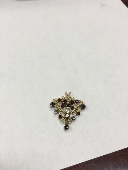 Vintage Designer Winard 12K Yellow Gold Filled Garnet Diamond Filigree Pendant