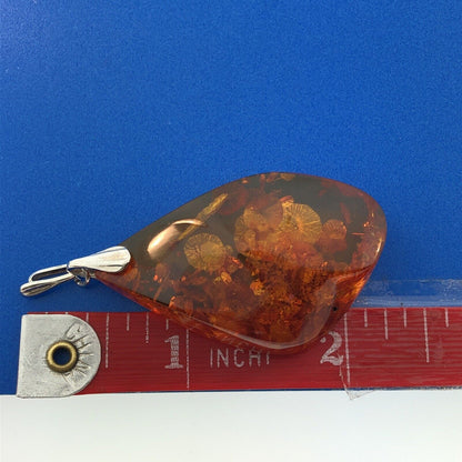 Stunning Sterling Silver 925 Reticulated Floral Amber Shard Dangle Pendant