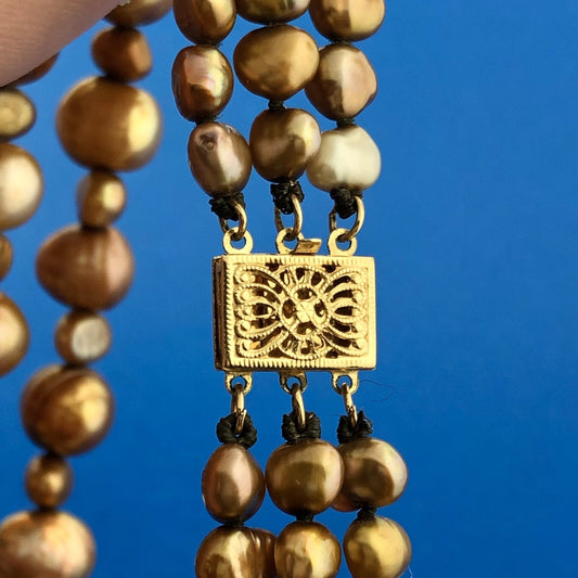 PJS 14K Yellow Gold Bronze Copper Pearl 3 Tier Drop Statement Necklace
