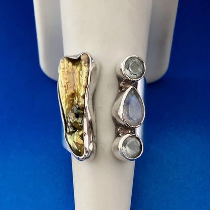 Stunning Sterling Silver 925 Abalone Shell Blue Topaz Moonstone Ring Size 7.5-9