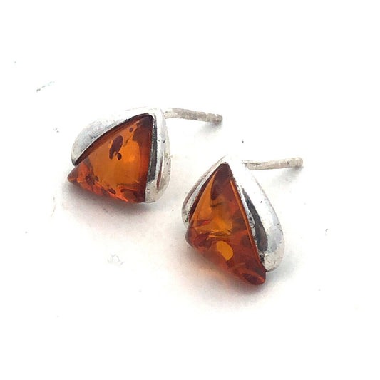 Modernist 925 Sterling Silver Amber Trillion Cabochon Stud Earrings