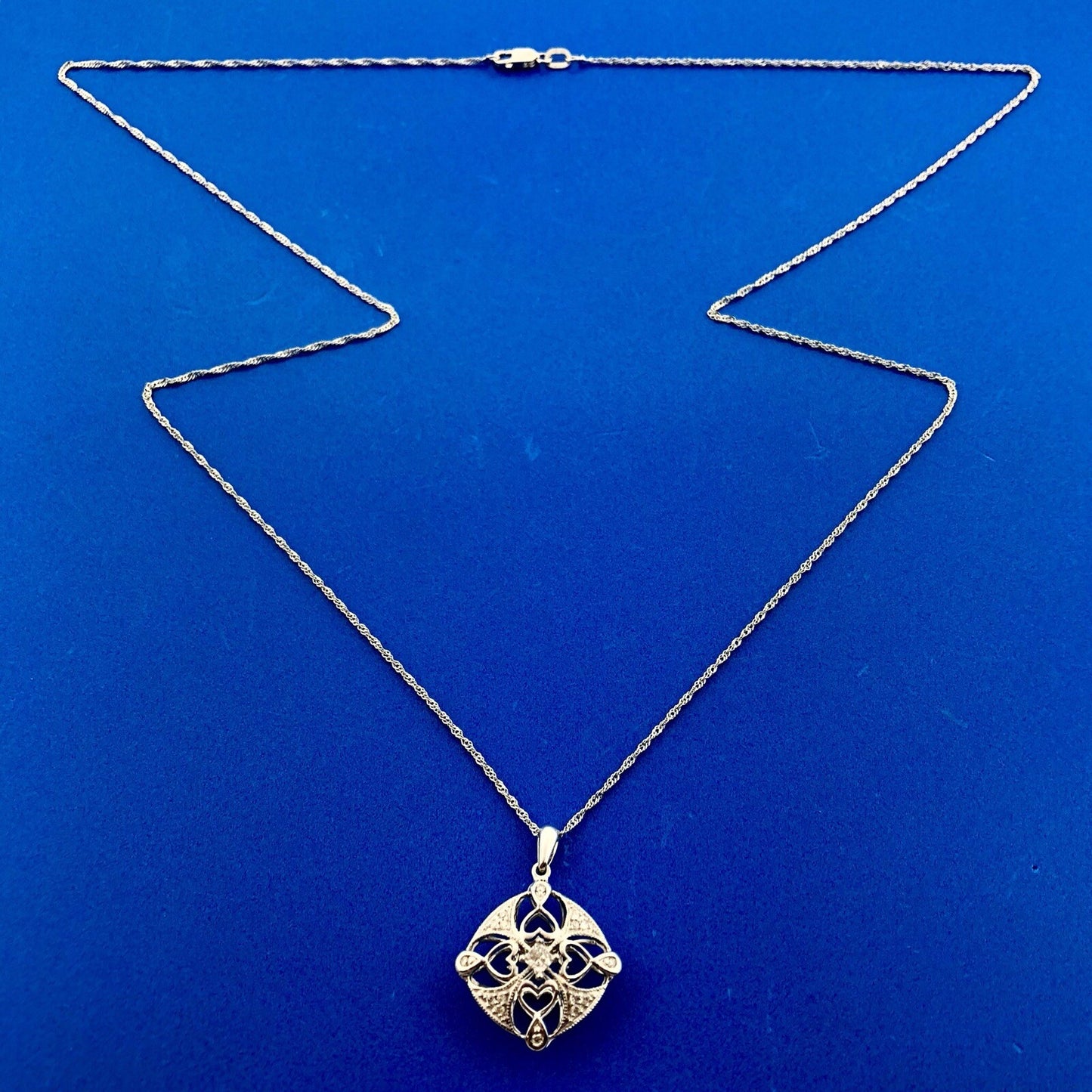14K White Gold Diamond Filigree Cutout Bridal Pendant Anniversary Necklace