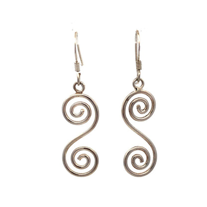 925 Sterling Silver Estate Modernist Double Swirl Dangle Hook Earrings