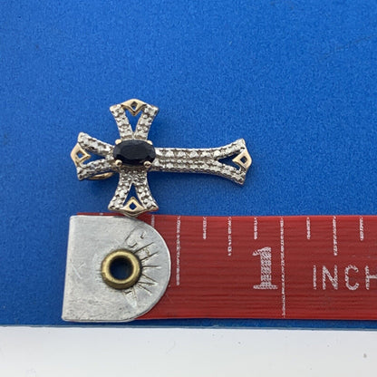Designer 925 Sterling Silver Vermeil Oval Sapphire Two Tone Cross Pendant