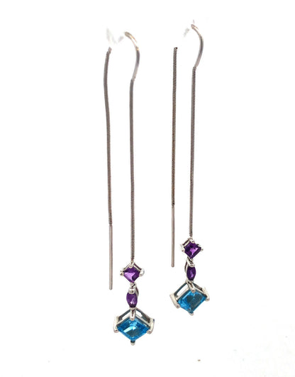Designer 14K White Gold Blue Topaz and Amethyst Dangle Threader Earrings