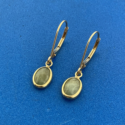 Designer Mexico 14K Yellow Gold Oval Jade Cabochon Drop Dangle Earrings