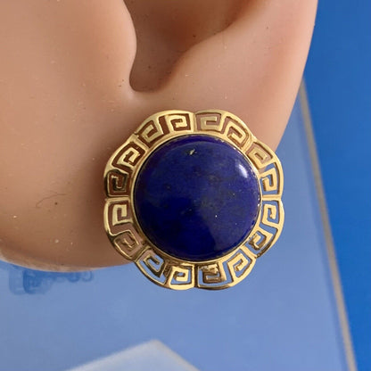 14K Yellow Gold Lapis Lazuli Cabochon Statement Omega Back Earrings