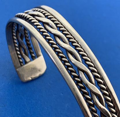 Vintage 925 Sterling Silver Ribbed Braided Rope Open Cuff Bracelet
