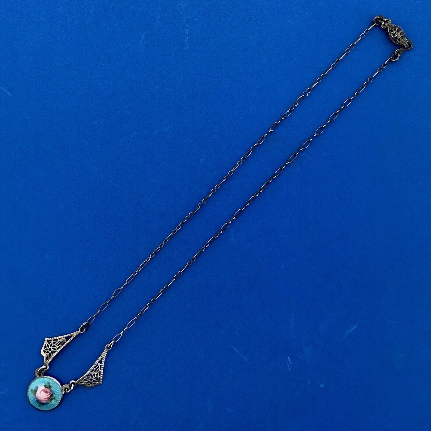 Victorian Sterling Silver 925 Guilloche Enamel Rose Filigree Childs Necklace