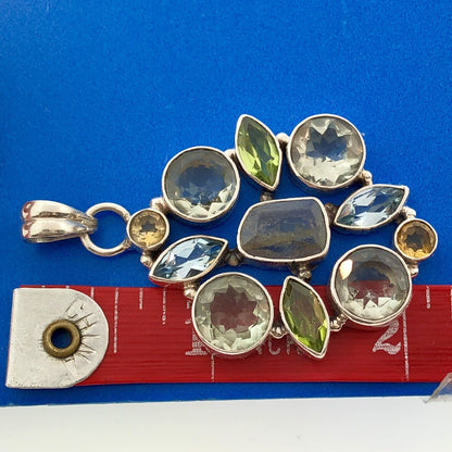 Retro 925 Sterling Silver Multi Colored Shaped Gemstone Oval Statement Pendant