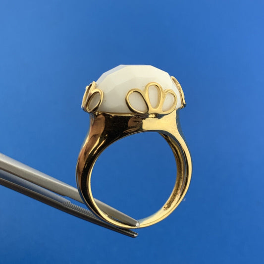 Italy Gold Toned Sterling Silver 925 Faceted White Scolecite Statement Dome Ring