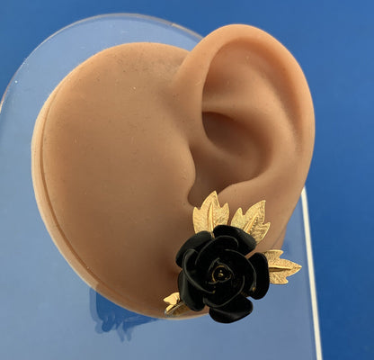 Mid Century Trifari Gold Tone Black Resin Rose Clip On Statement Earrings