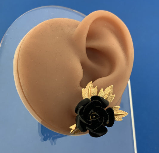 Mid Century Trifari Gold Tone Black Resin Rose Clip On Statement Earrings