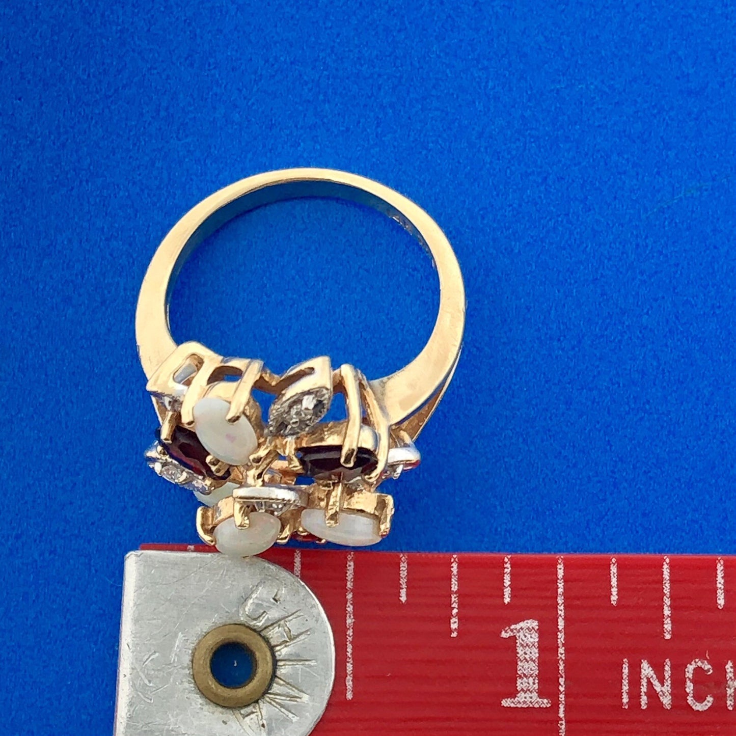 Vintage 14K Yellow Gold Opal Garnet Diamond Floral Cluster Anniversary Ring