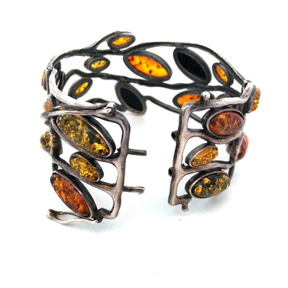 Vintage 925 Sterling Silver Green Orange Yellow Amber Vines Hinged Cuff Bracelet