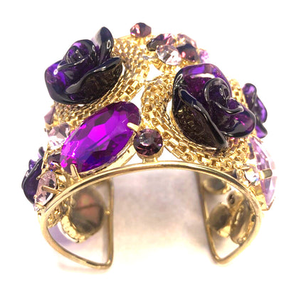 Designer Gold Tone Purple Cubic Zirconia Acrylic Statement Open Cuff Bracelet