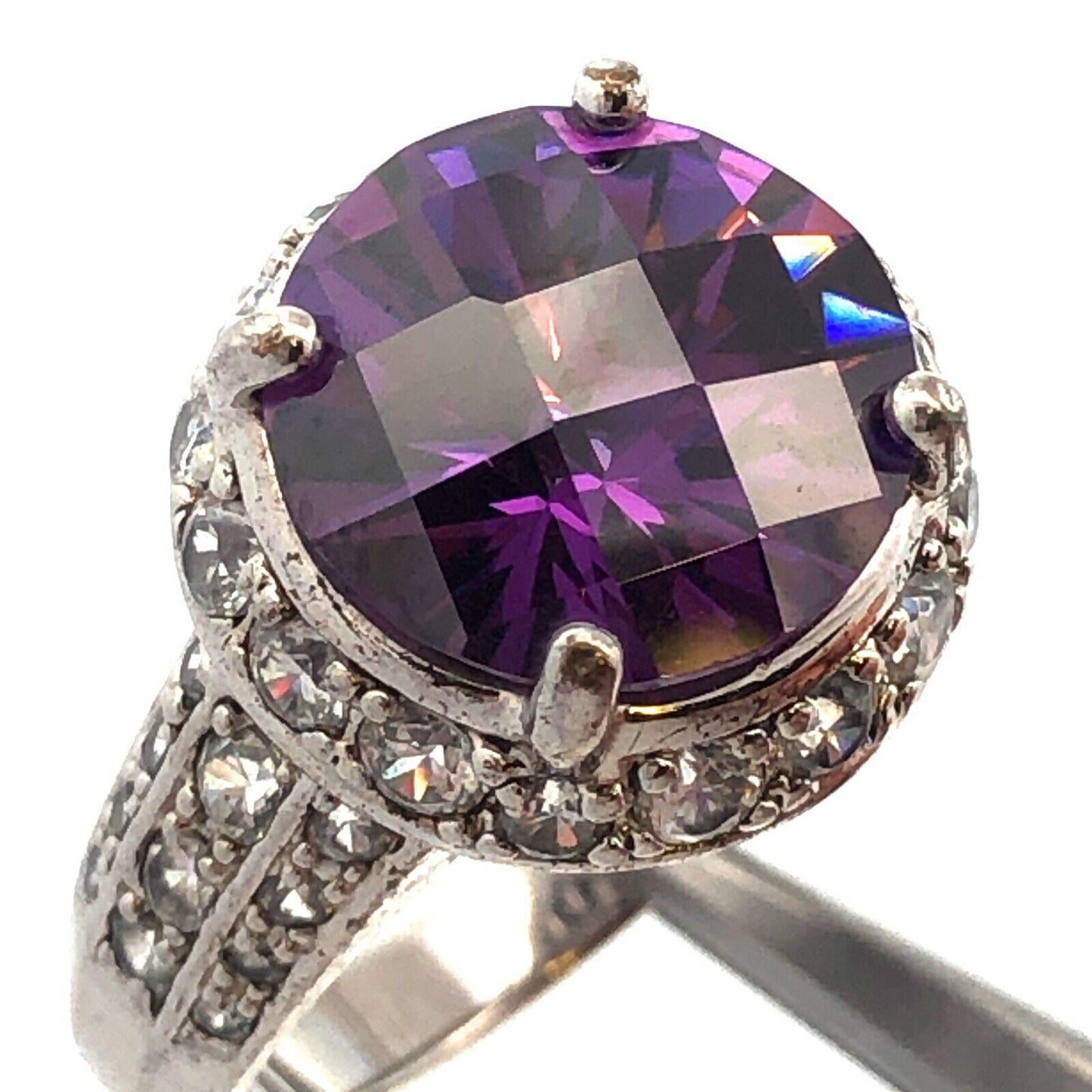 Designer 925 Sterling Silver Round Cushion Amethyst CZ Accents Cocktail Ring