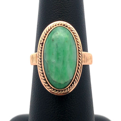 Vintage 14K Yellow Gold Oval Green Jade Bezel Solitaire Textured Statement Ring