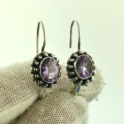 Vintage FAS 925 Sterling Silver Amethyst February Anniversary Dangle Earrings