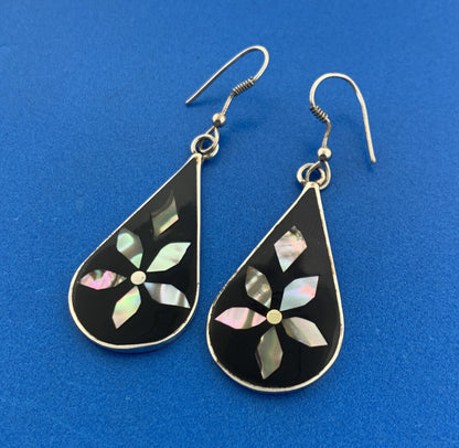 Retro Mexico Alpaca Faux Silver Black Enamel Abalone Inlay Drop Dangle Earrings