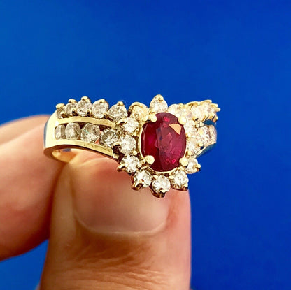 14K Yellow Gold Oval Ruby Diamond Engagement July Bday Cocktail Statement Ring